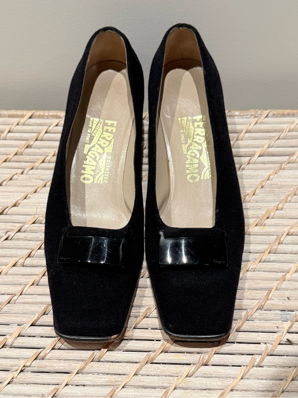 Salvatore Ferragamo Black Suede Patent Buckle Block Heel Pumps 7.5 B Italy